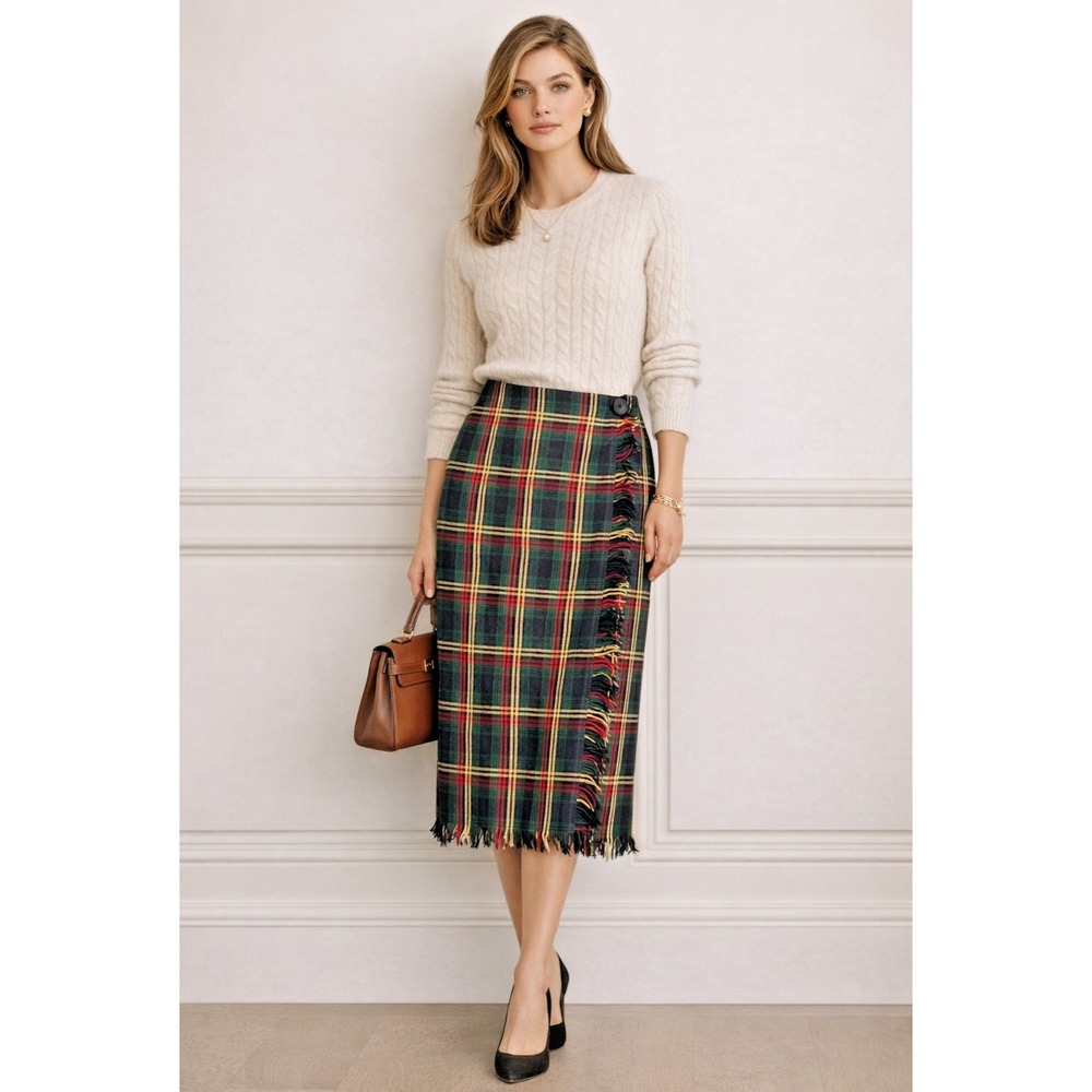 Preston & York Vintage Wool Plaid Wrap Skirt Fringe Classic Tartan Midi 10